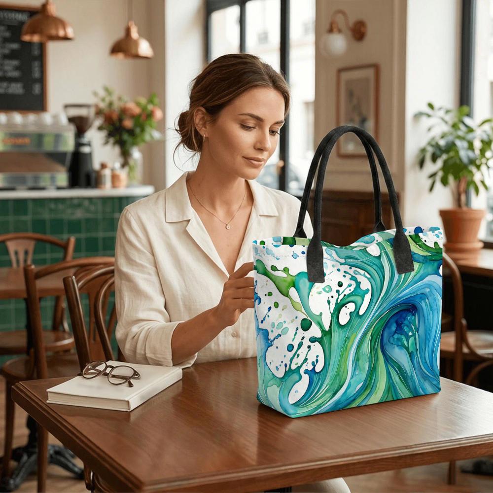  Watercolor Wave Tote Bag Casual Large Capacity Beach Shoulder Bag for Daily Travel