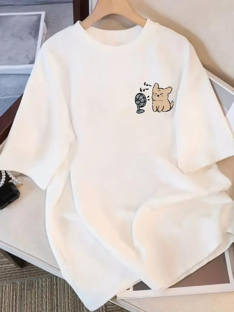 Cute Dog with Fan Women's Crew Neck Short Sleeve T Shirt Cartoon Animal Print Cute & Trendy Y2k Top Kawaii Women Clothing