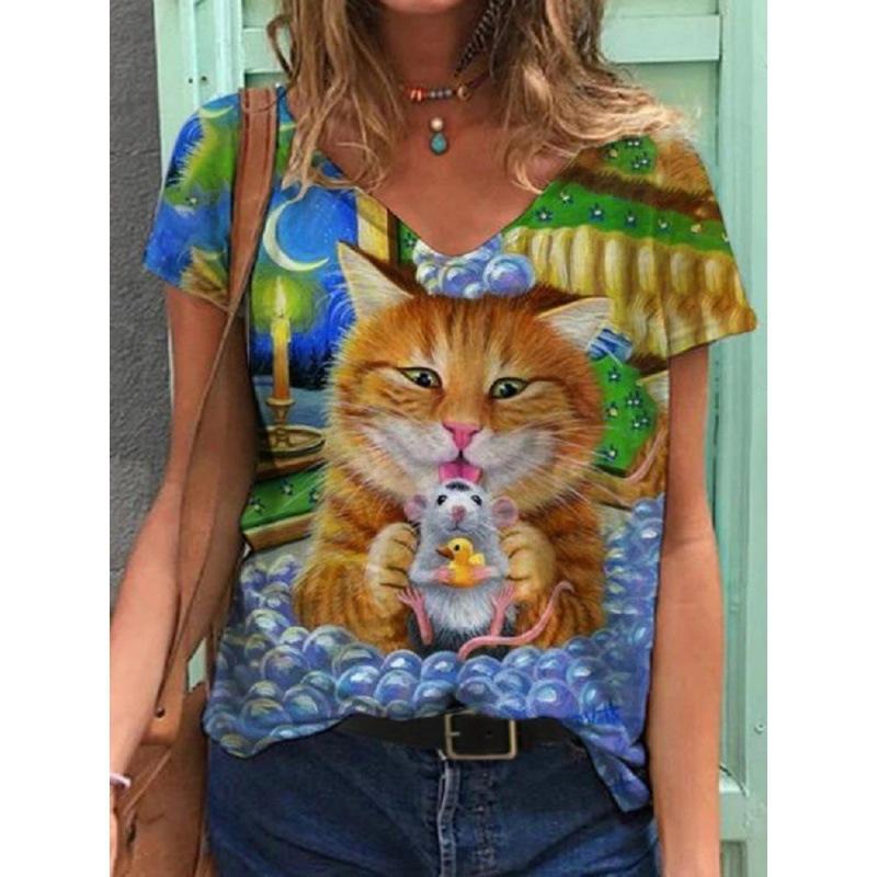 Ladies' Casual Summer Pullover V-neck T-shirt with Floral 3D Printing Short Sleeved Loose Women's Top T-Shirts Women’s