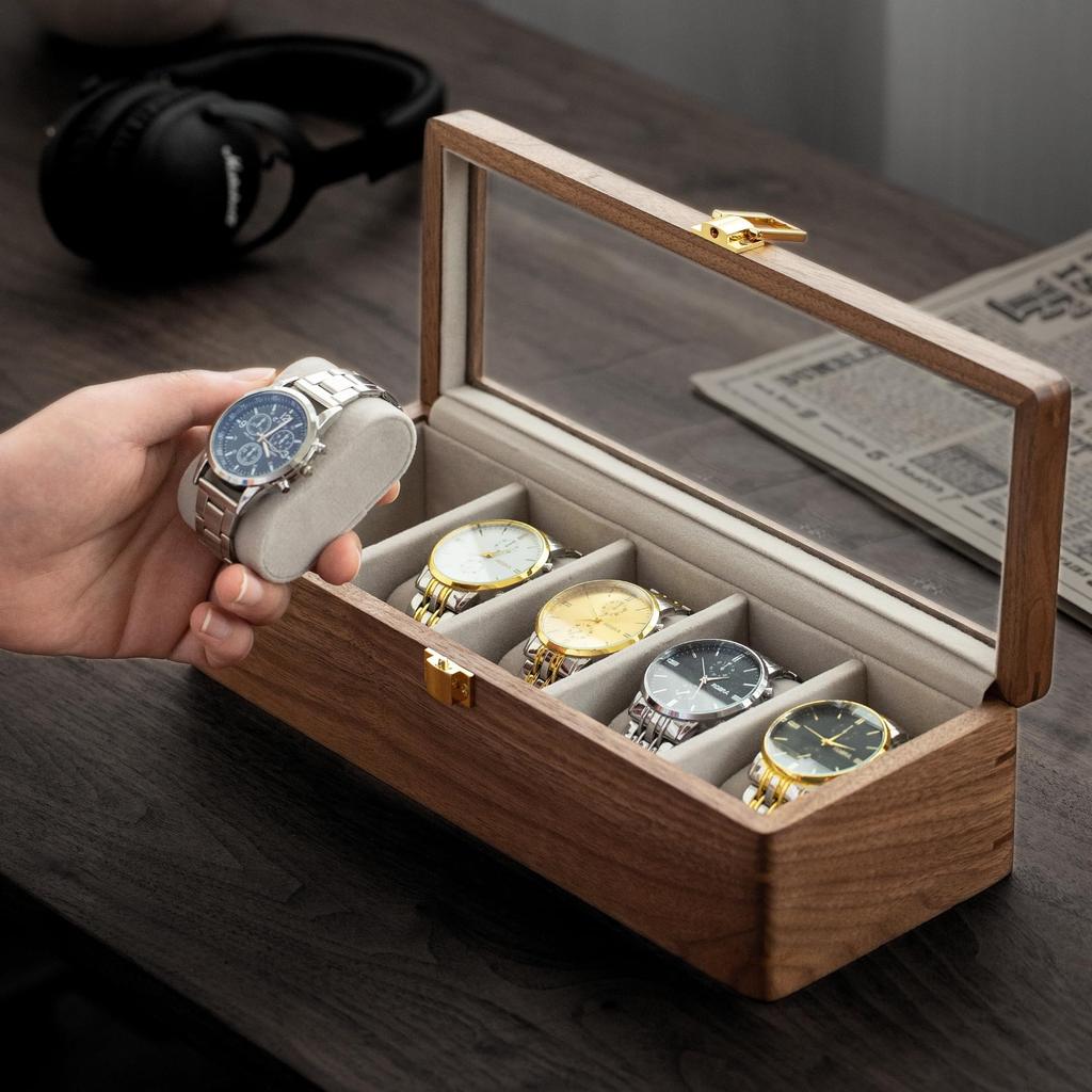 Muso Wood Watch Case for 5 Watches, Wooden Watch Case with Clear Window, Storage Box with Removable Pillow, Luxury Watch Display Case (Walnut)