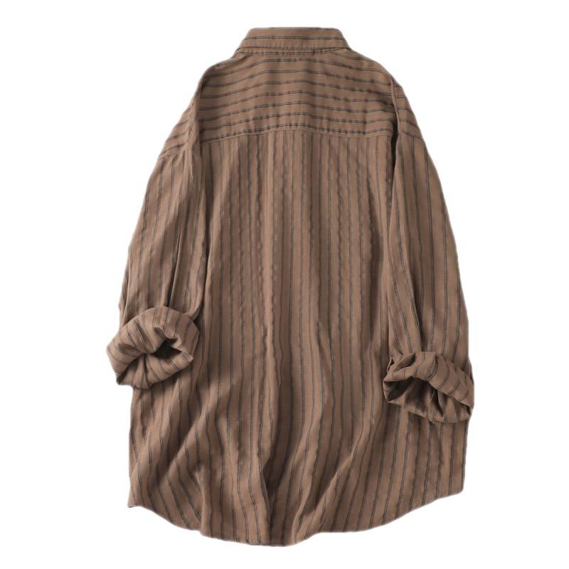Spring Autumn Vintage Blouses Striped Pockets Patchwork Long Sleeve Shirts Casual Loose Women Clothing
