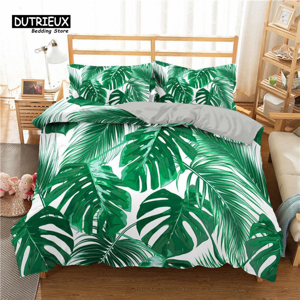 Green Palm Leaf Bedding Set Hawaiian Tropical Leaves Duvet Cover Microfiber Monstera Banana Leaves Quilt Cover For Teen Adults
