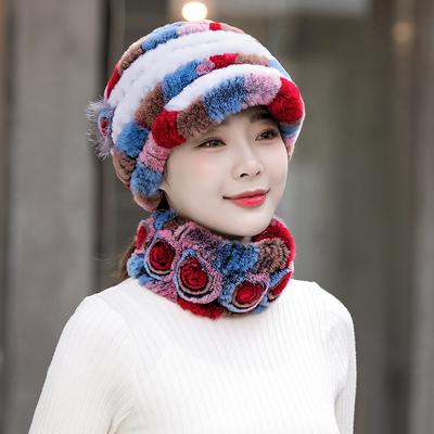 New Women Winter Knit Real Rex Rabbit Fur Hat Scarf Sets Natural Warm Fur Cap Scarves 2 Pieces Girl Quality Real Fur Hat Muffler