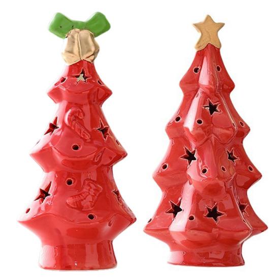 Ceramic Christmas Tree Night Light Glowing Decorative Lamp with Star Topper Xmas Tree Figurines for Holiday Home Decor