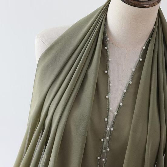 yangyizhi Washable Shawl, Ethnic Style Chiffon Texture Head Wrap with Faux Pearl Chain, Breathable All-Season Drape Headscarf for Daily Wear