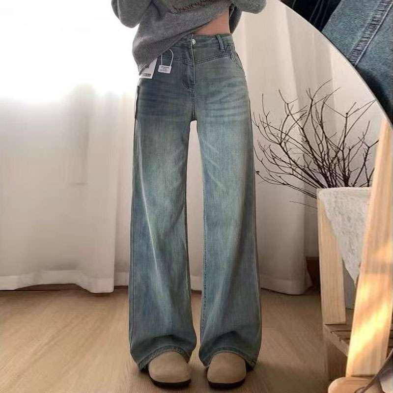 Plus Size High-Waisted Light Wash Wide-Leg Jeans for Women - Autumn Straight Leg Floor-Length Pants L светло-синий