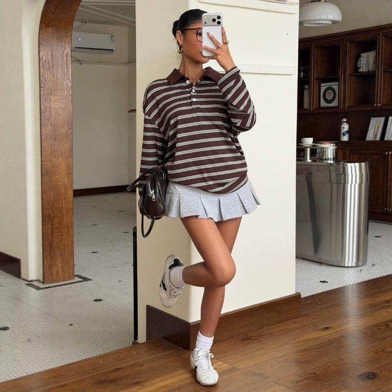 Womens Striped Button Polo Collar Long Sleeve Casual Loose Sweatshirt