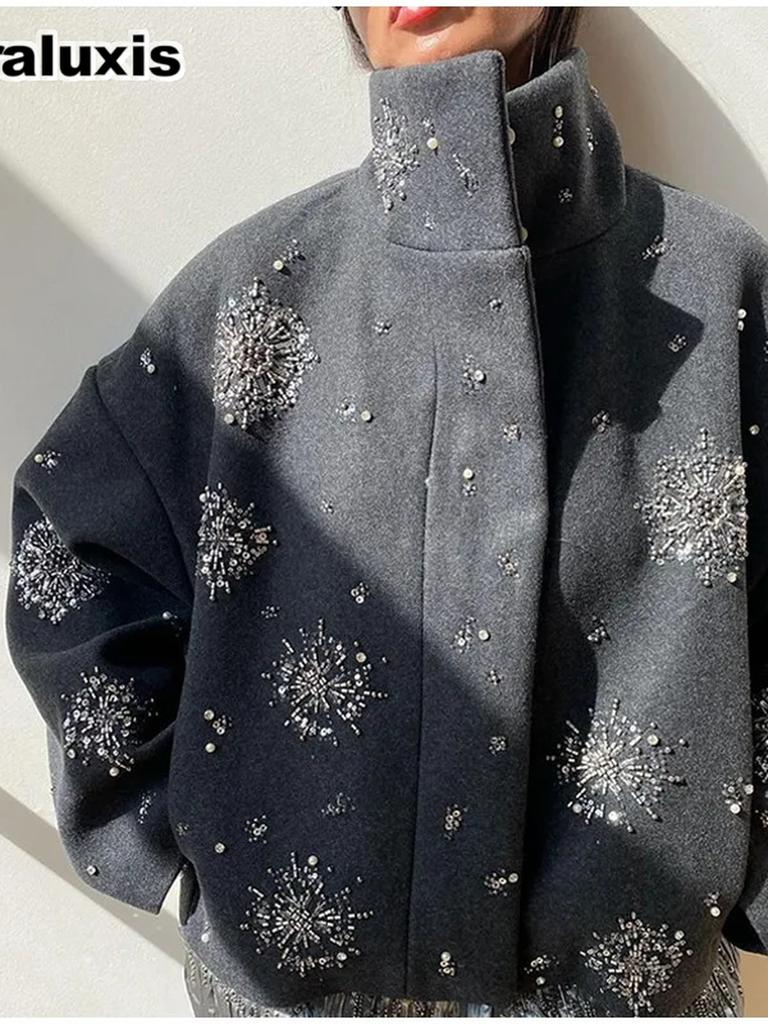 Nowość - Jesienna Kurtka Damska, Luźny Krój, Jednorzędowa, Stójka, Kwiatowe Płatki Sequins, Styl Uliczny Płaszcz