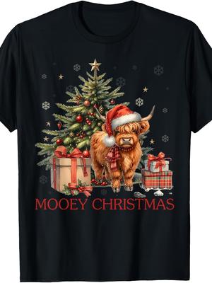 Mooey Christmas Santa Highland Cow Santa Xmas Tree Pajamas T-Shirt Retro Casual Crew Neck Printed T-Shirt