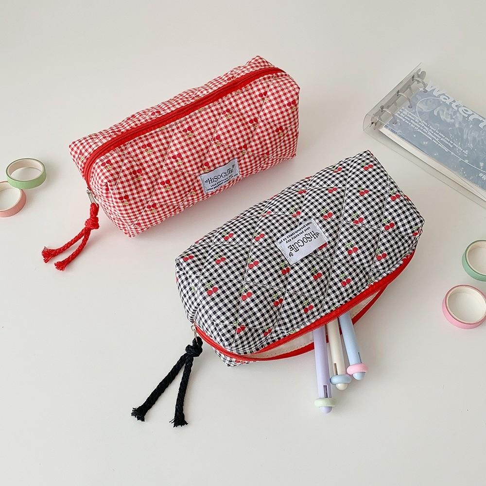 Single Layer Korean Cherry Pencil Case Cute Design Cloth Plaid Pen Bag School Office