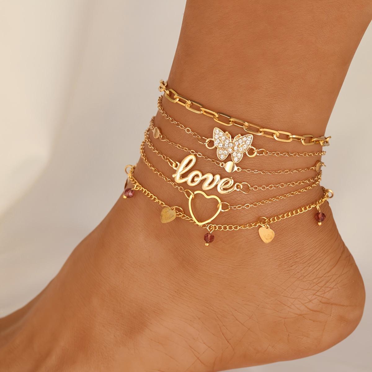 

Набор из 6 шт. простых браслетов на ногу с подвесками в виде бабочек и букв, инкрустированных стразами, золотистая цепочка для лодыжки для женщин, для праздничной вечеринки золотистый