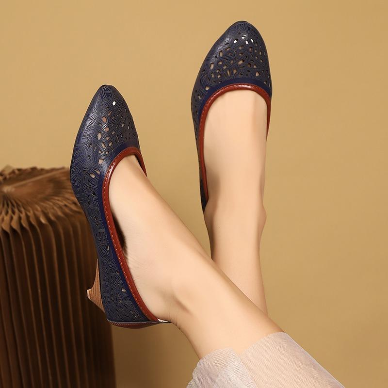 Fashion 2025 New Genuine Leather Ladies Breathable Hollow Summer Shoes Women Flats Slip-On Loafers Round Toe Soft Wedge Shoes Casual