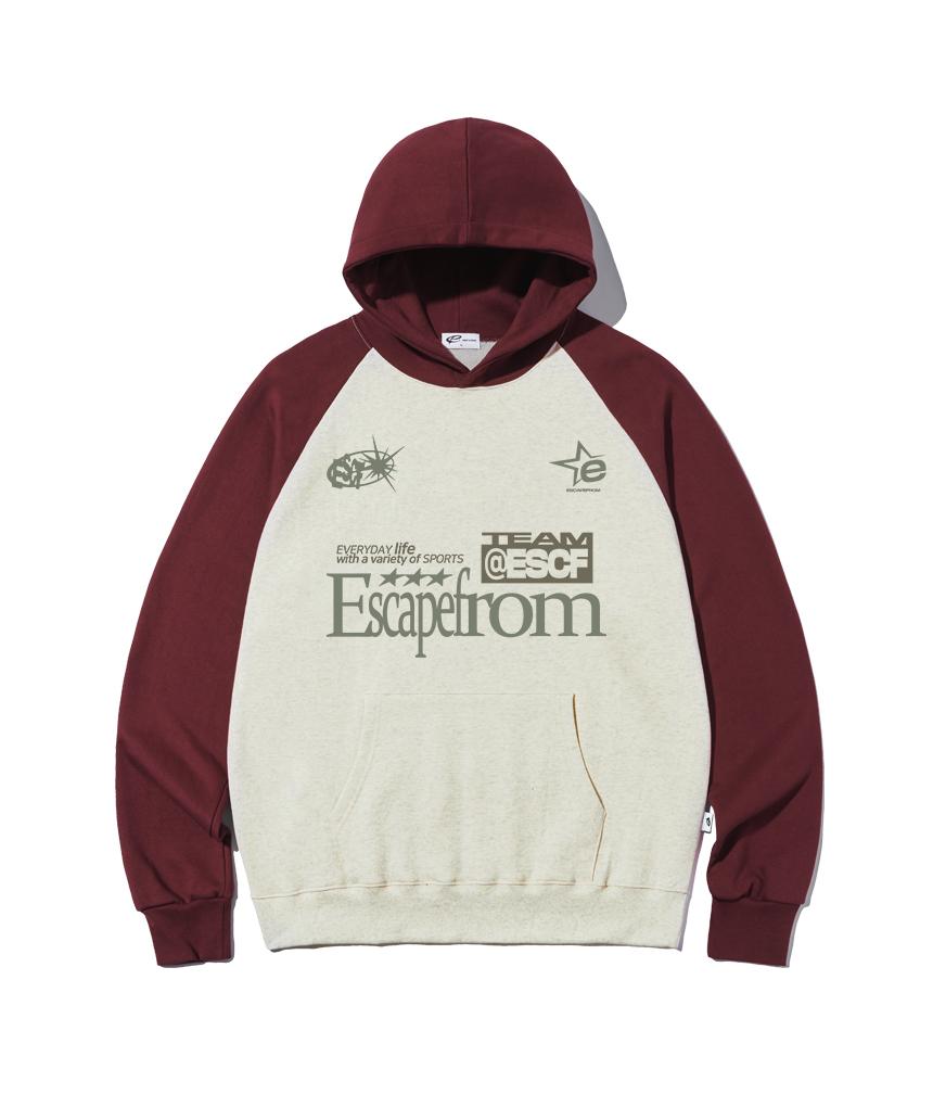Escape From Escf Sports Print Raglan Color Block Hoodie Oatmeal M