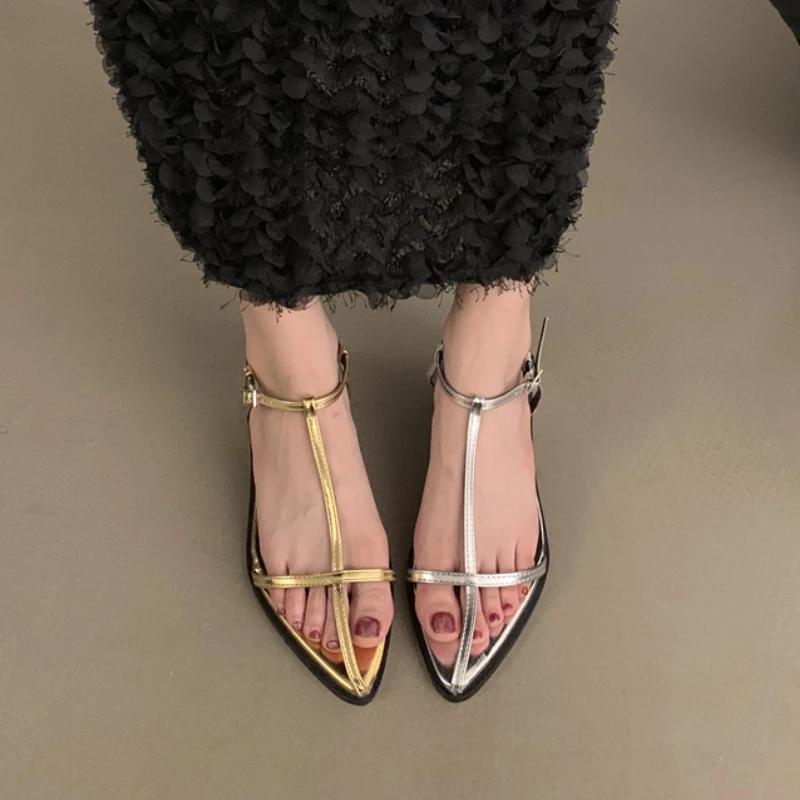 Elegante Spitzschuh-Sandalen mit Absatz Damen Mittelhoch Absatz Schnallenschuhe 2025 Neue Mode Pumps Klobig Kleid Sommer Sandalias De Mujer