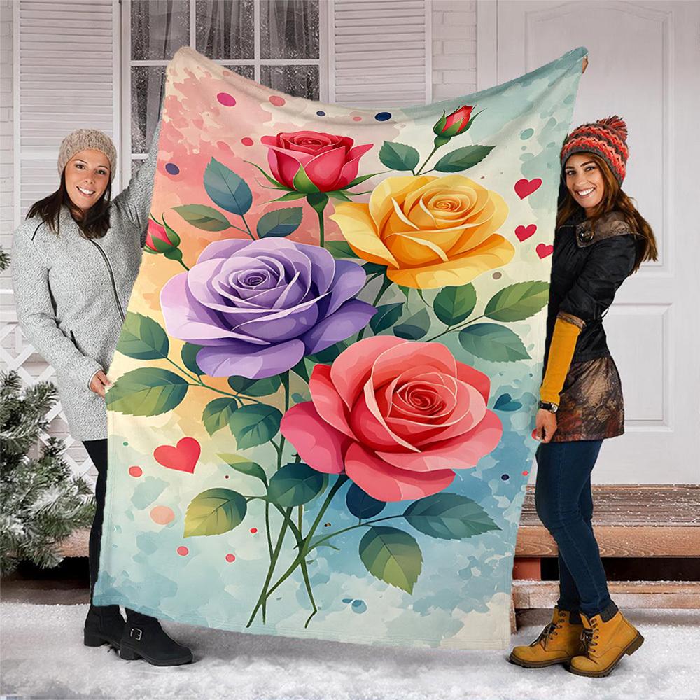 1pc Roses , Floral Outdoor Flannel Blanket Soft All Season Polyester Throw , Perfect for Picnics & Travel , Picnic Accessory