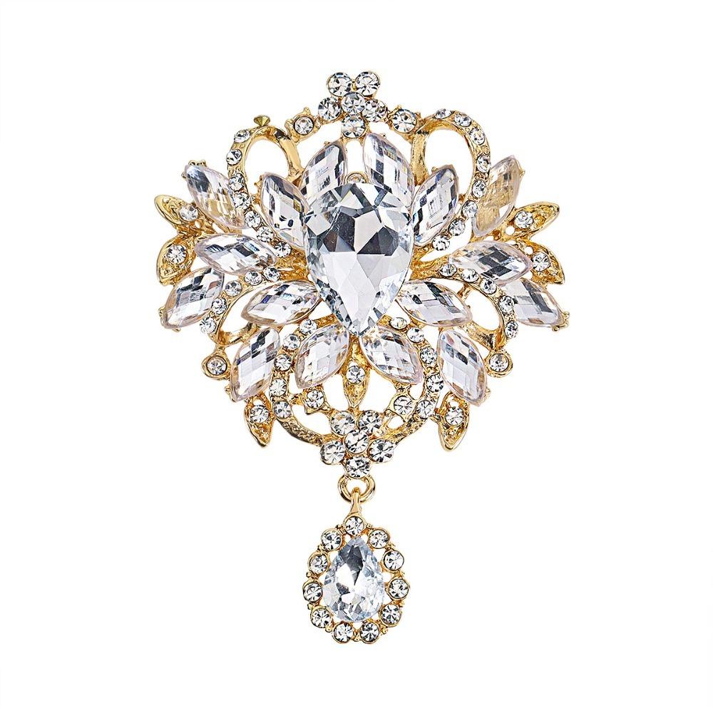 Large Crystal Rhinestone Brooch Water-drop Dangle Brooch Elegant Crystal Brooch Evening Gown