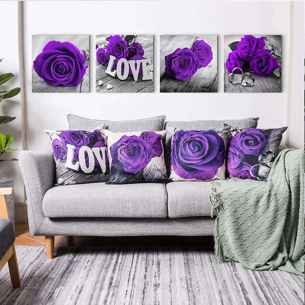 Purple Rose Linen Pillowcase 40*40 Living Room Sofa Cushion Cover 60*60 Home Decoration Pillowcase Valentine's Day Gift