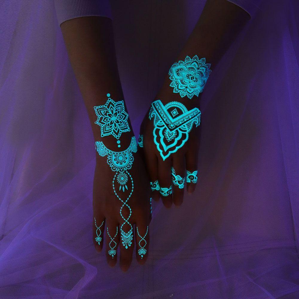 6 Sheets Lasting Mandala Temporary Tattoos Blue Luminous Lace Fake Tattoos  Hand Finger
