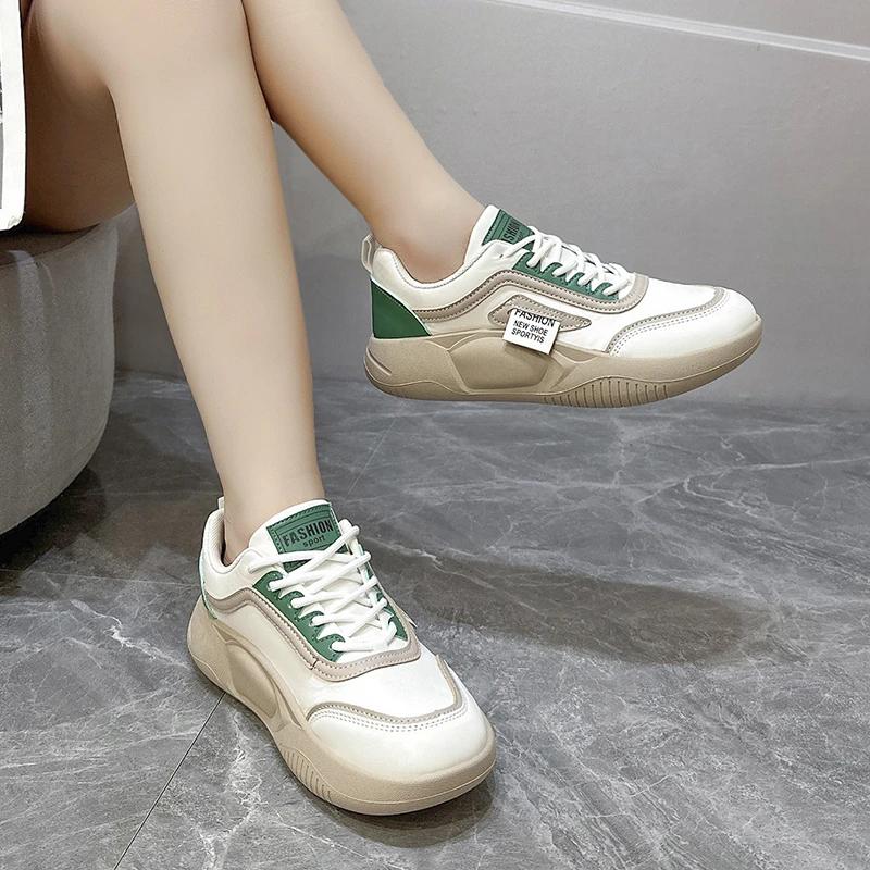 Spring Women's Vulcanized Shoes Sports Loafers Comfortable Walking Sneakers Ladies Thick Soled Lace-Up Smooth Casual Shoes