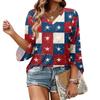 Womens Casual V Neck Three Quarter Sleeve T Shirt Top with Independence Day Inspired Print Loose Fit Lightweight Blouse for Daily Wear