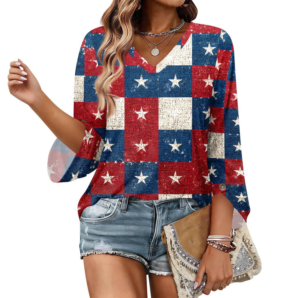 Womens Casual V Neck Three Quarter Sleeve T Shirt Top with Independence Day Inspired Print Loose Fit Lightweight Blouse for Daily Wear