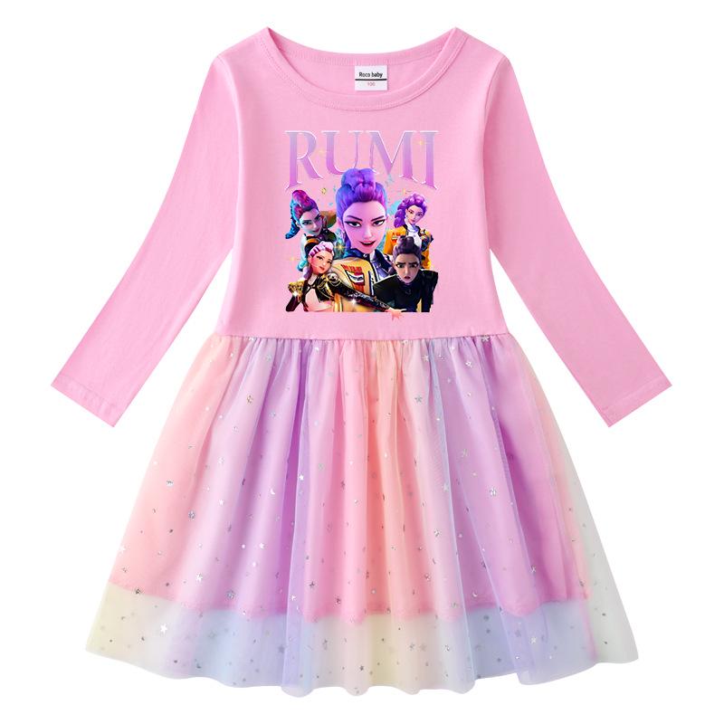Kinder Kpop Demon Slayer Regenbogen Pailletten Prinzessinnenkleid - Kurzarm Sommer & Langarm Frühling/Herbst Optionen
