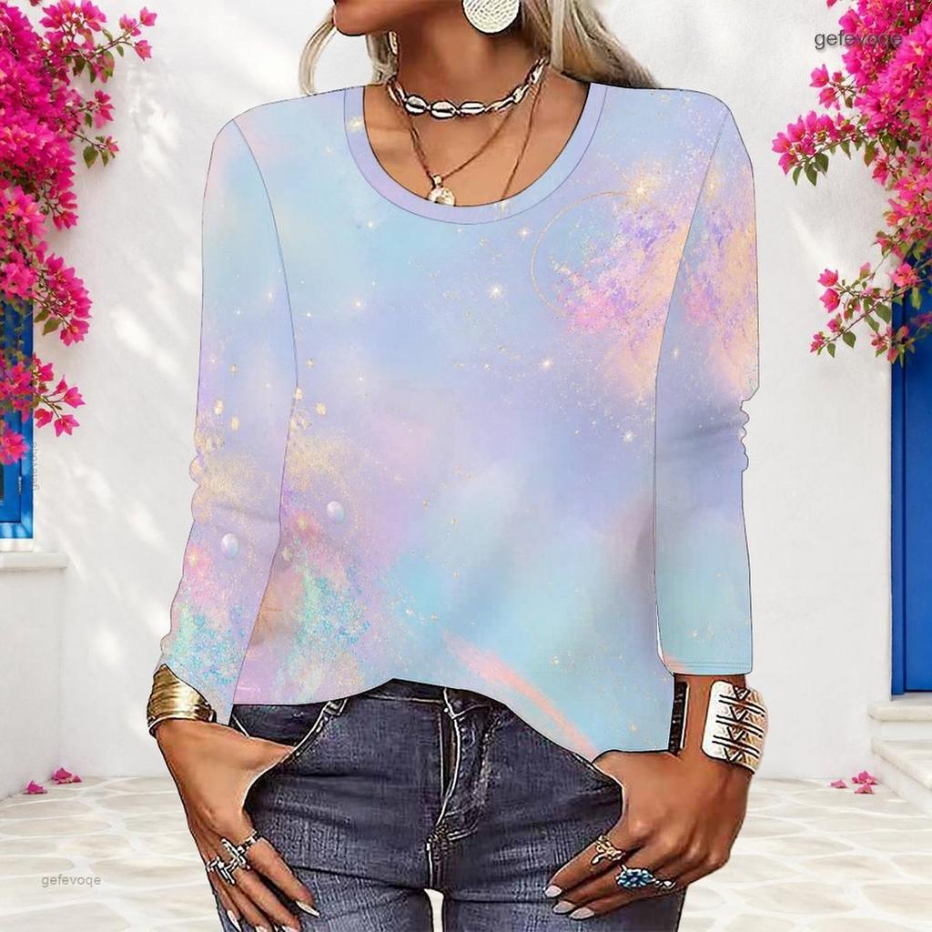 Women Plus Size Long Sleeve Blouse Abstract Peacock Feather Dot Print Round Neck Casual Loose Pullover For Daily Wear
