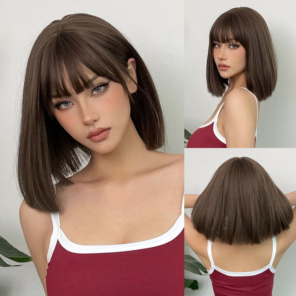 Bob Black Synthetic Wigs Straight Cosplay Short Daily Natural Looking Hair Wig with Bangs Heat Resistant Fiber for Women Afro
