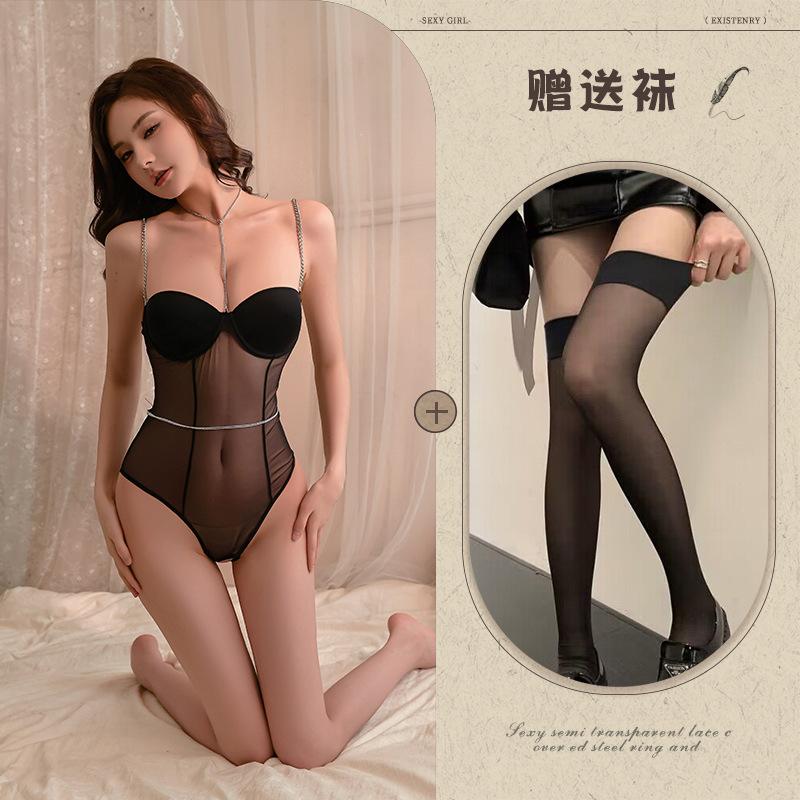 Fishbone waist chain suspender onesie sexy mesh splicing waist tight
