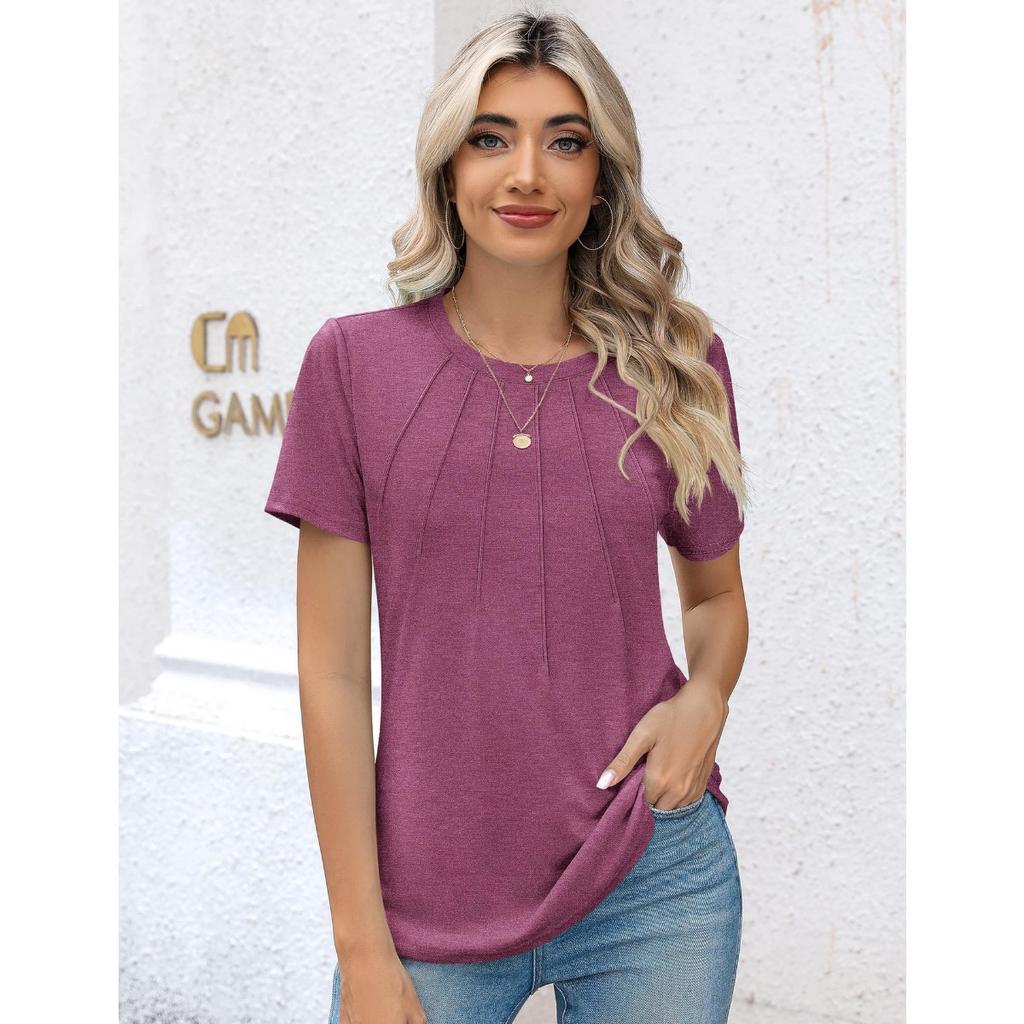 Damen gerafftes Rundhals-Kurzarm-T-Shirt Top, Beliebte lässige Mode-T-Shirts für Damen, Grenzüberschreitende Damenbekleidung für Europa und Amerika