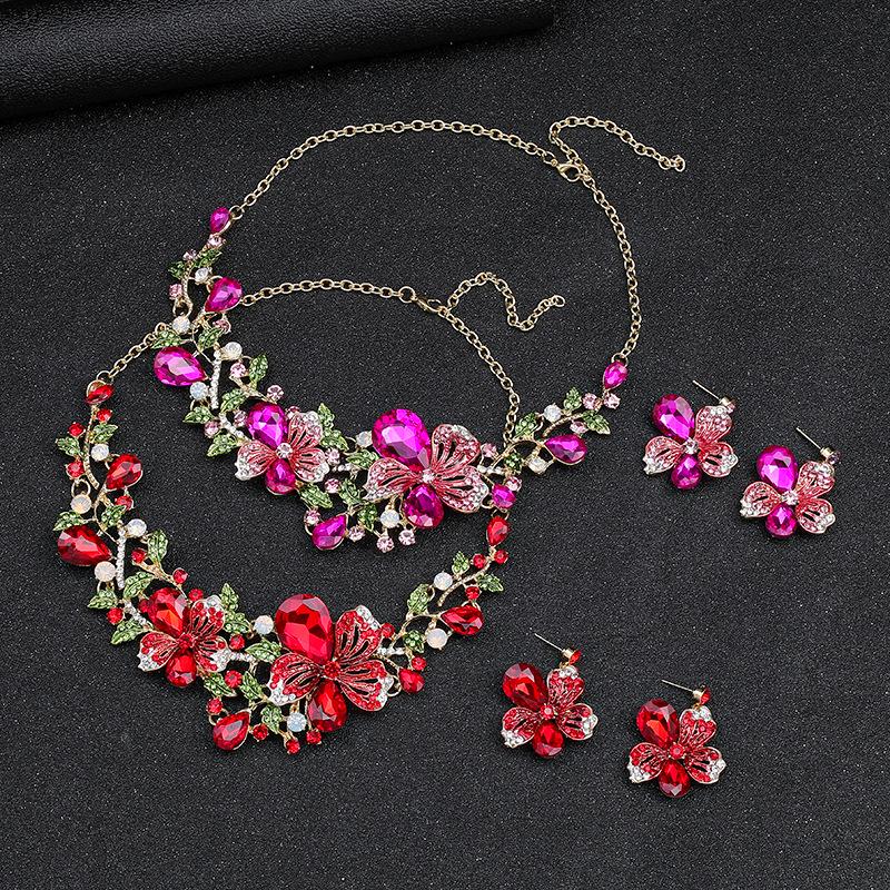 Exaggerated Luxury Necklace & Earrings Set: Colorful Floral Design for Bridal Gowns