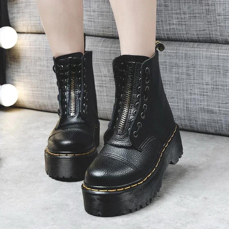 Women Boots Genuine Leather Platform Boots Motorcycle Shoes Front Zipper Optical Soles Fashion Sexy Punk Men Winter Boots 34-45