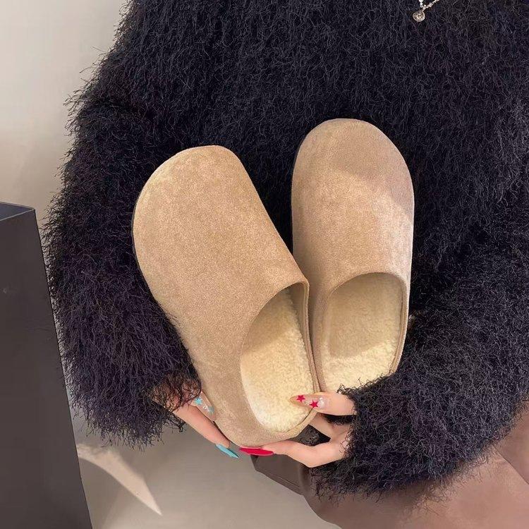 Retro style platform Birkenstocks, new velvet bag head half slippers, cotton slippers for autumn and winter