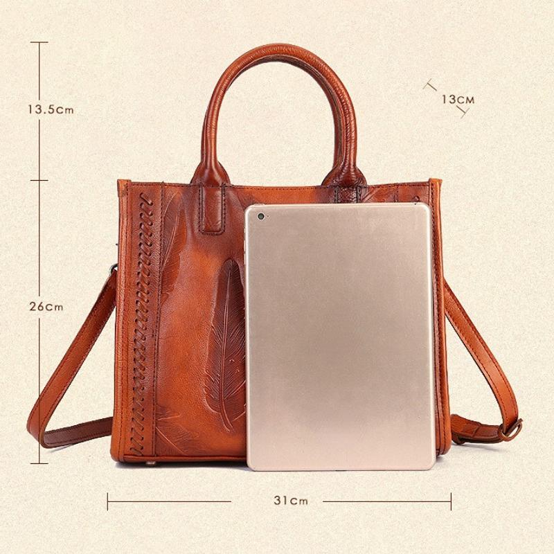 Johnature Retro Feather Embossed Handbag Genuine Leather Women Bag Large Capacity Real Cowhide Casual Shoulder Bags