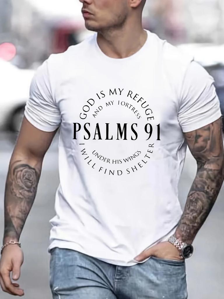 Summer Men's T-shirt 100% Cotton Loose T-shirt Trendy Letter Psalm 91 Letter Ring Print Casual Round Neck Short Sleeve T-shirt