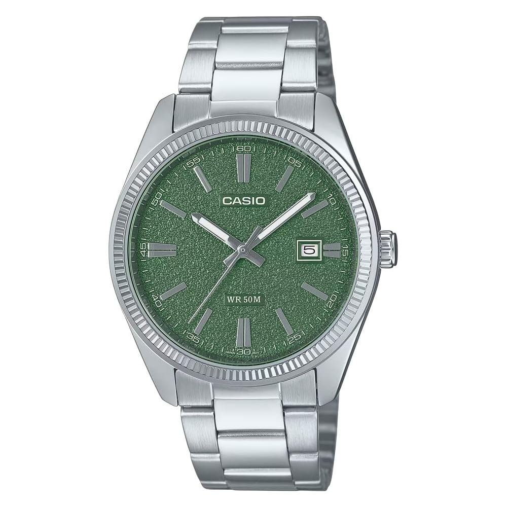 Casio MTP-1302DA-3A Analog Quartz Watch Silver Green Stainless Steel Band