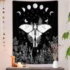 Trippy Witchy Vertical Tapestry, Black and White Moth Floral Moon Tarot Tapestry Wall Hanging for Bedroom, Dark Aesthetic Nature