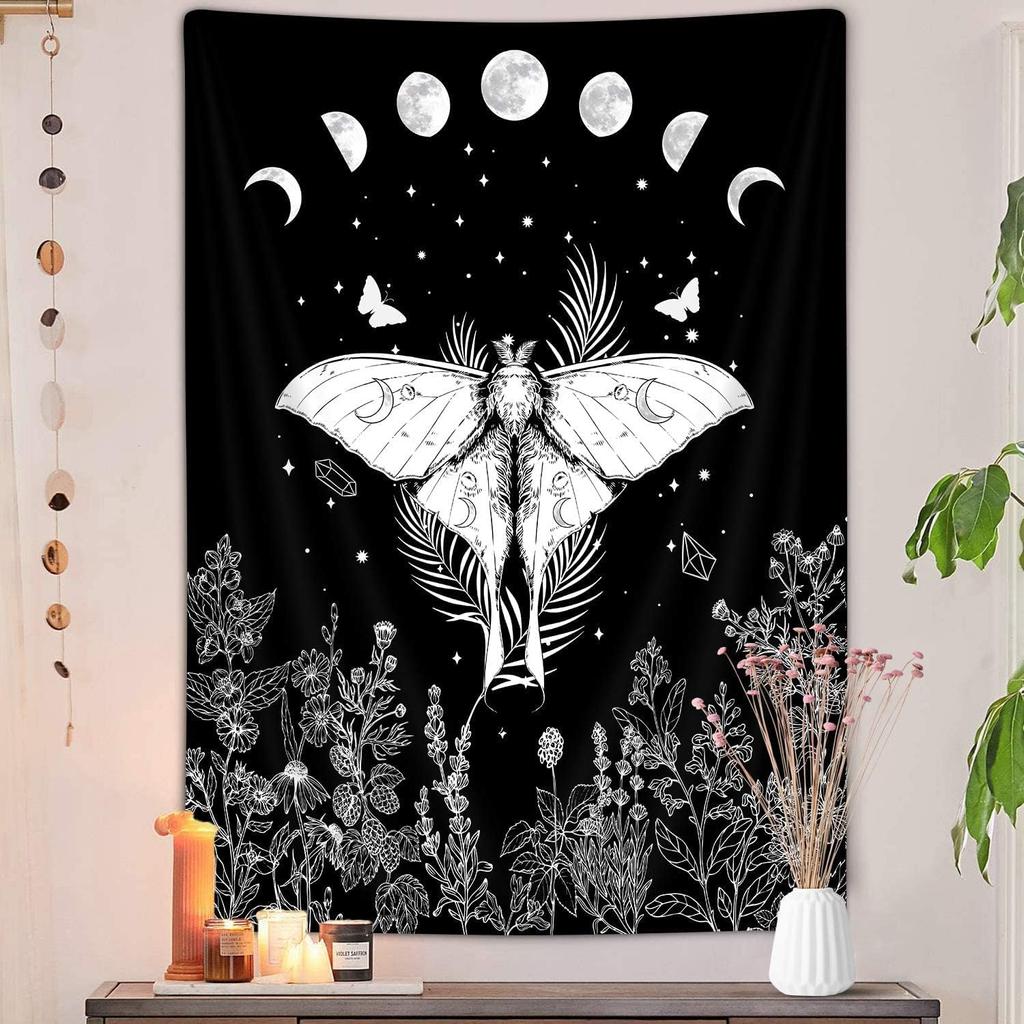 Trippy Witchy Vertical Tapestry, Black and White Moth Floral Moon Tarot Tapestry Wall Hanging for Bedroom, Dark Aesthetic Nature