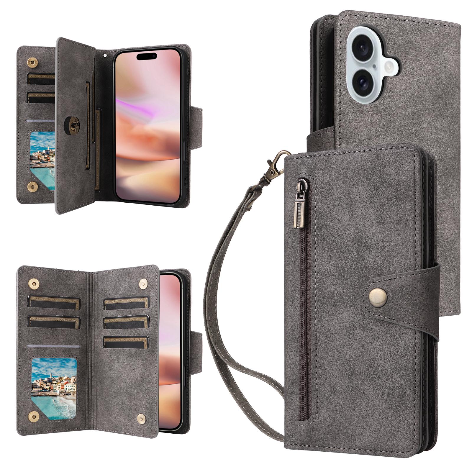 

For iPhone 16 Plus Shockproof Case Rivet Decor PU Leather Zipper Wallet Phone Cover Grey