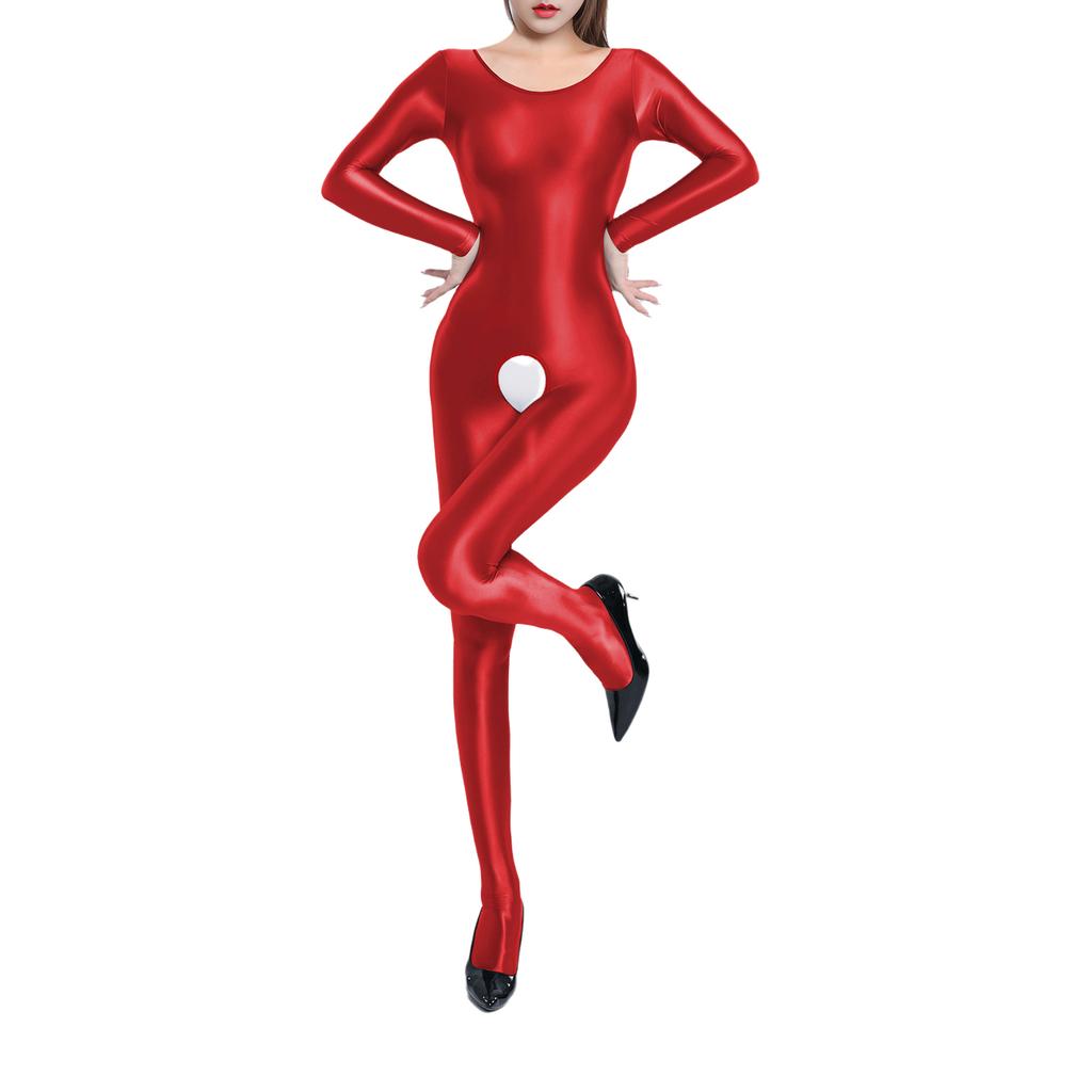 Womens Glossy Smooth Full Body Jumpsuit Long Sleeve Stretchy Bodysuit