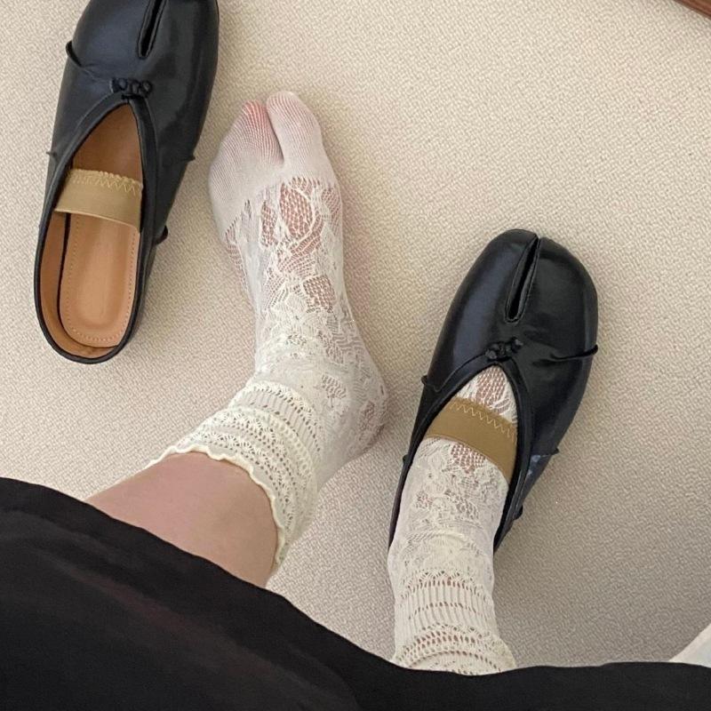 Split-toe Lace-up Stockings, Sheer Lace Ankle Socks, Children s Ballet-style Thin Mid-calf Socks, Two-toe Padded Cotton Socks 1 pair