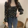 French Floral Square Collar Shirt Female Elegant Design Sense Niche Bubble Sleeve Slim Tops Vintage Pleated Spring Collarbone Blouse