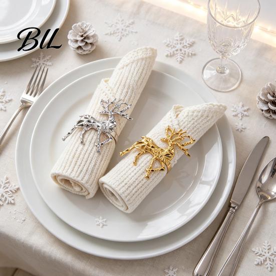 Silver Table Decor Christmas Deer Napkin Ring, Faceted Metal Elk Holder, Reusable Rings Ring for Xmas Holiday Wedding Receptions Dining Decoration