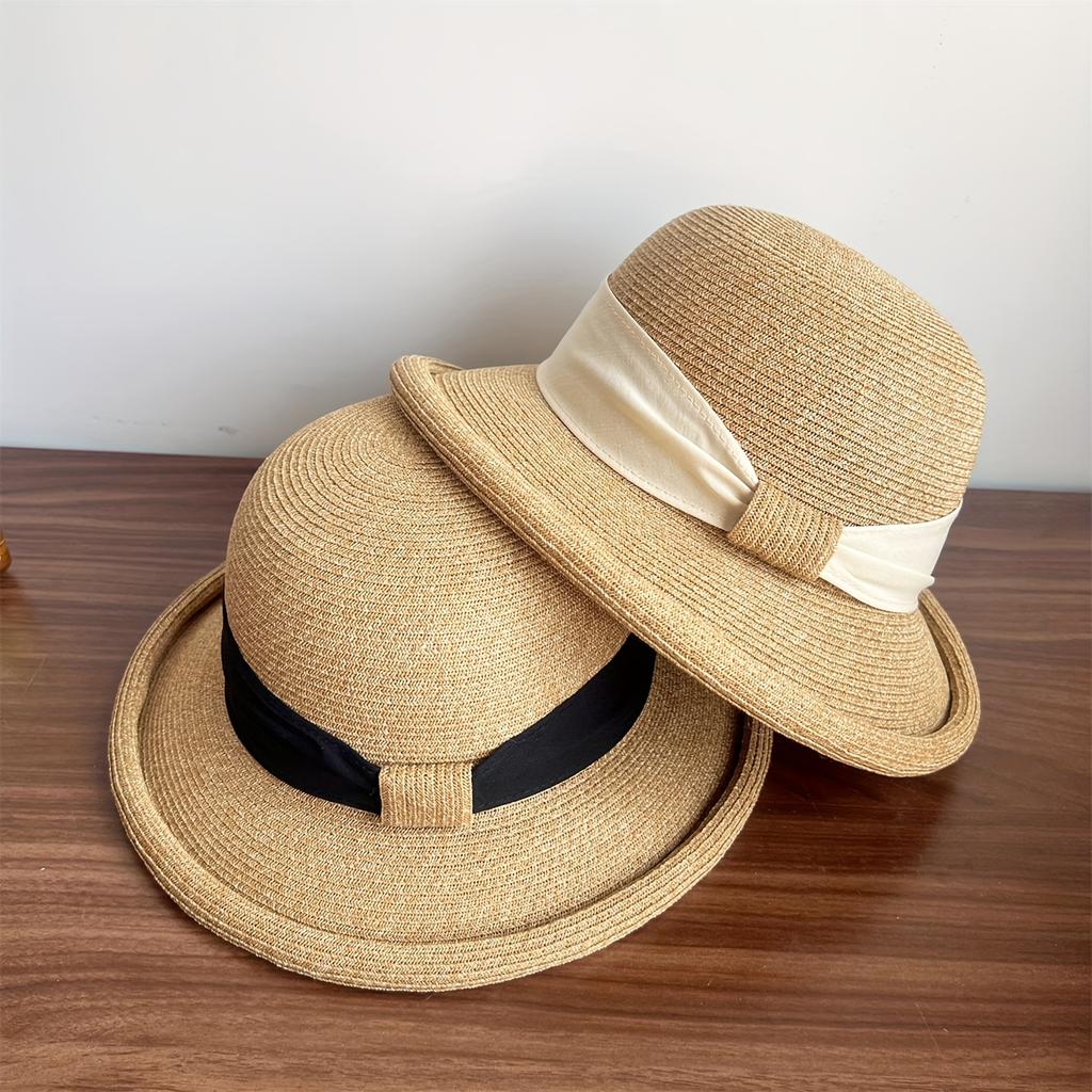 French Bow Retro Rolled Brim Straw Hat, Adjustable Women's Sun Hat for Beach Vacation Travel