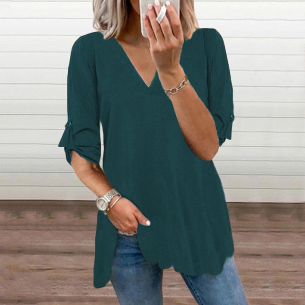 Fashion Women’s Causal Color V-Neck Long Sleeve Chiffon Shirt Blouse Tops