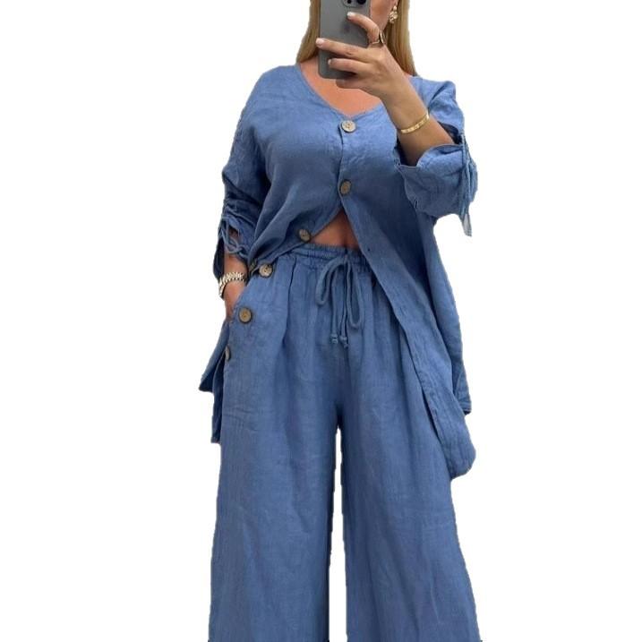 Women's V-Neck Button Down Cardigan and High Waisted Wide Leg Pants Set, Long Sleeve Tie Waist Top with Pockets, Solid Color Casual Loungewear