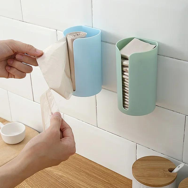 Holder Punch-free Self-adhesive Wall-mounted Household Bathroom Kitchen Garbage Bags Storage Rack Plastic Bags Organizer Box