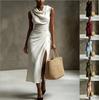 Women Sleeveless Cowl Neck Ruched Side Slit Midi Dress Elegant Casual Party Evening Dress