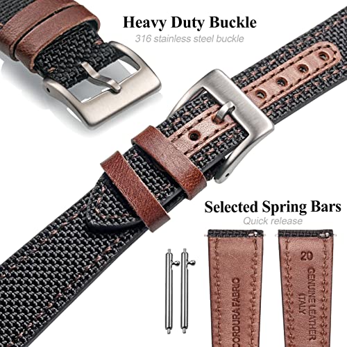 Hemsut Watch Band, Genuine Leather and Nylon Watch Band (22mm Brown + Black), Quick Release Watch Strap, Stainless Steel Silver Watch Buckle. Availabl
