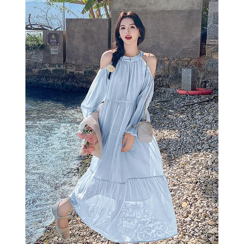 Spring Fresh Off-Shoulder Lantern Sleeve Chiffon A-Line Dress